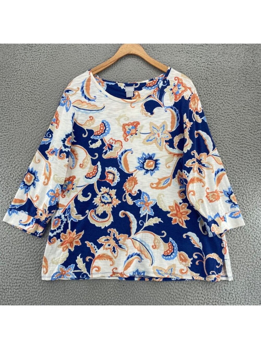 Chicos Top Womens 3 US Extra Large Blue Orange Floral Paisley Cotton Modal Knit*